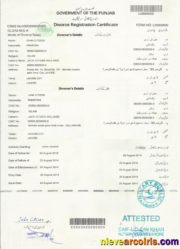 PAKISTAN (Punjab) divorce certificate